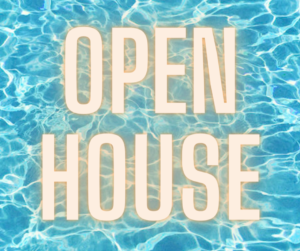 Sparkling pool water with OPEN HOUSE written 